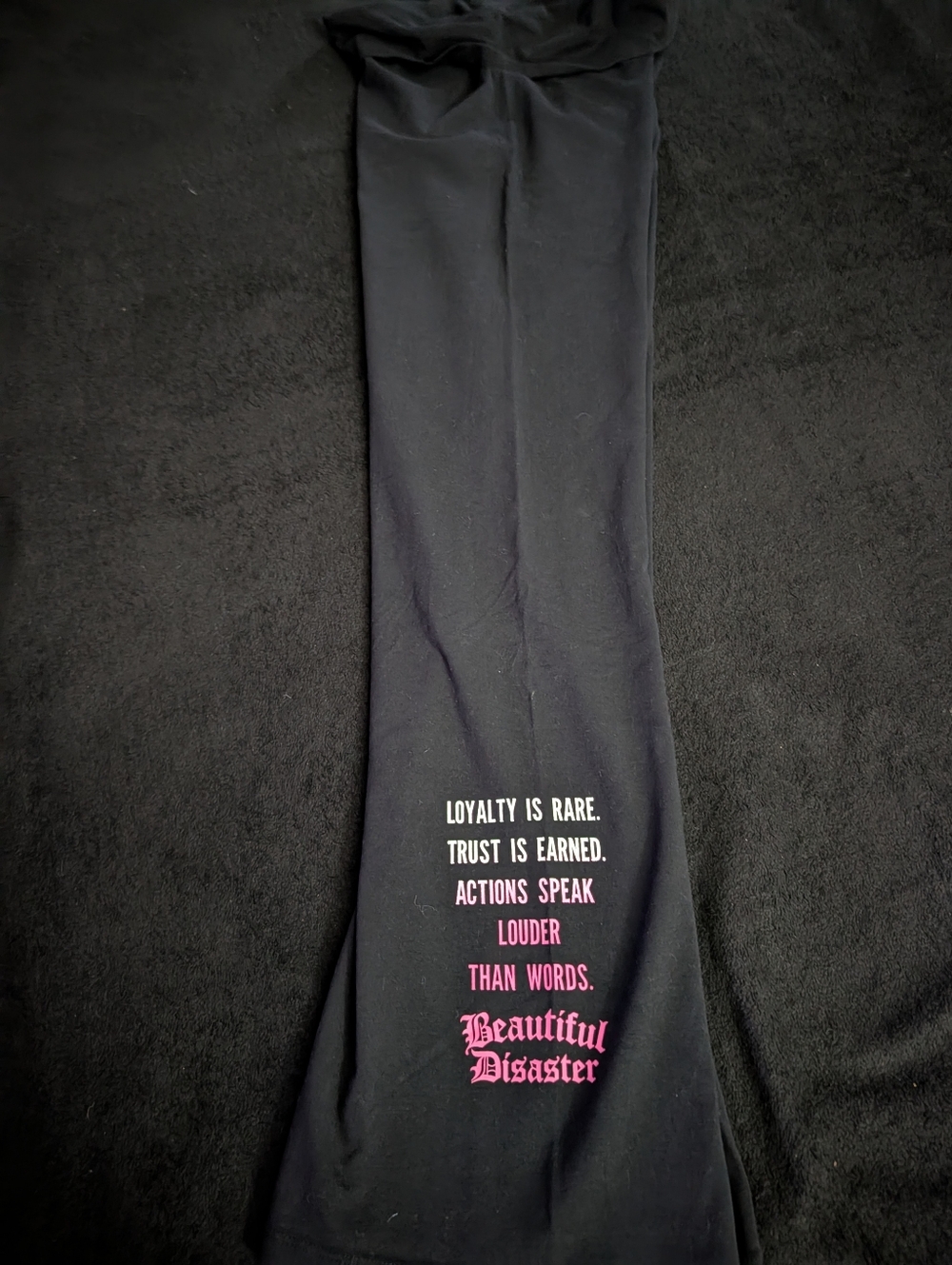 Beautiful Disaster Women’s Black Boot Cut Pants with Motivational Print